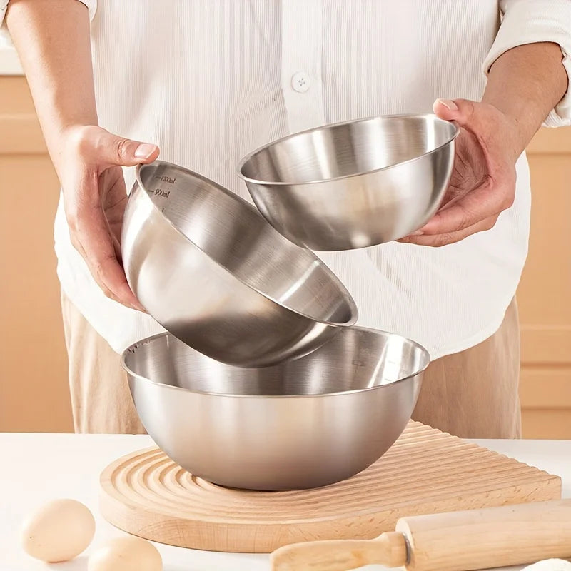 3 piezas/juego Bowl de acero inoxidable para mezclar con marcas de medición