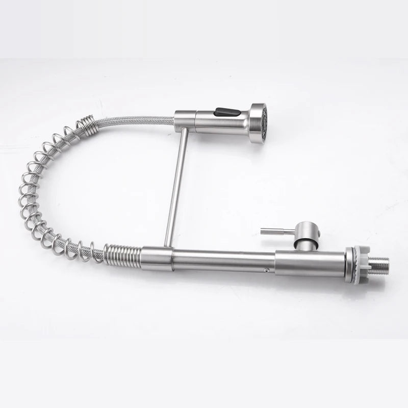 Grifo de cocina de acero inoxidable con resorte extraíble, grifo giratorio para lavabo de verduras y agua fría