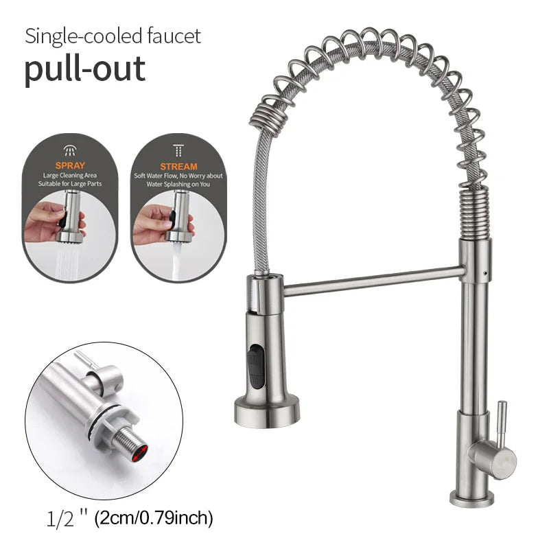 Grifo de cocina de acero inoxidable con resorte extraíble, grifo giratorio para lavabo de verduras y agua fría