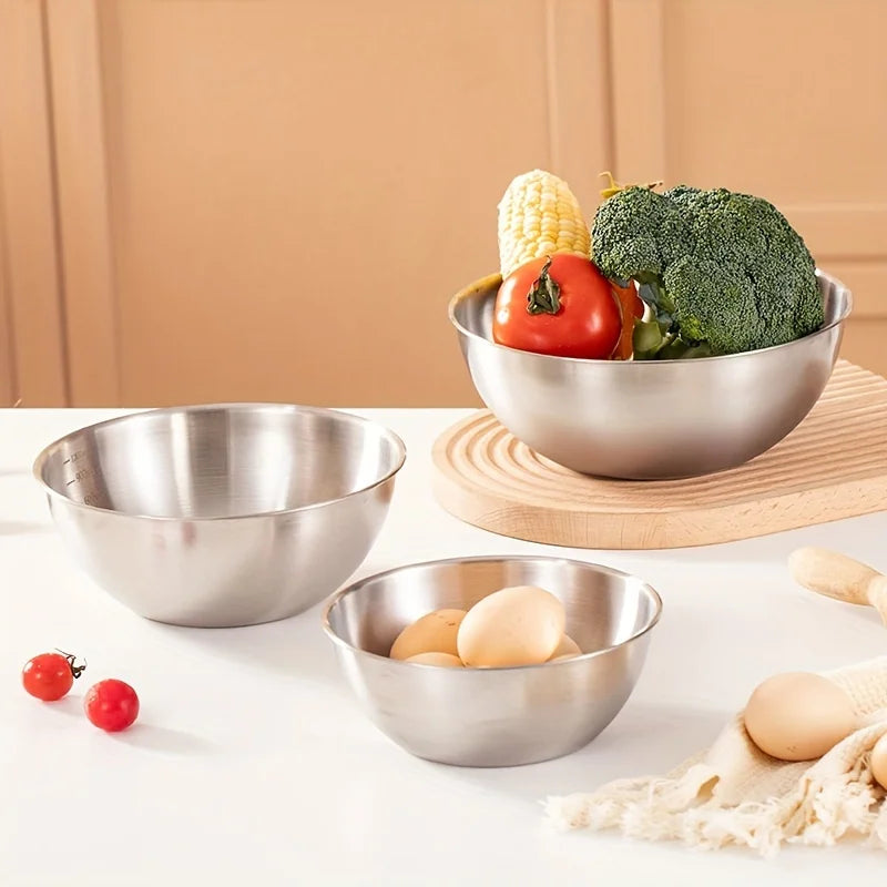 3 piezas/juego Bowl de acero inoxidable para mezclar con marcas de medición