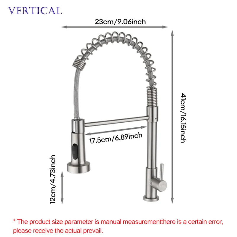 Grifo de cocina de acero inoxidable con resorte extraíble, grifo giratorio para lavabo de verduras y agua fría