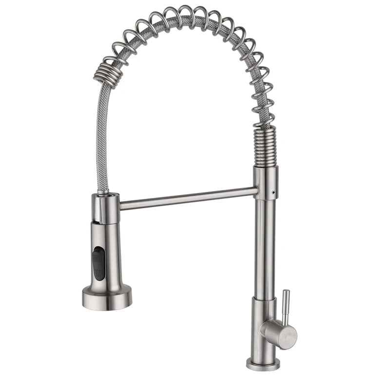 Grifo de cocina de acero inoxidable con resorte extraíble, grifo giratorio para lavabo de verduras y agua fría
