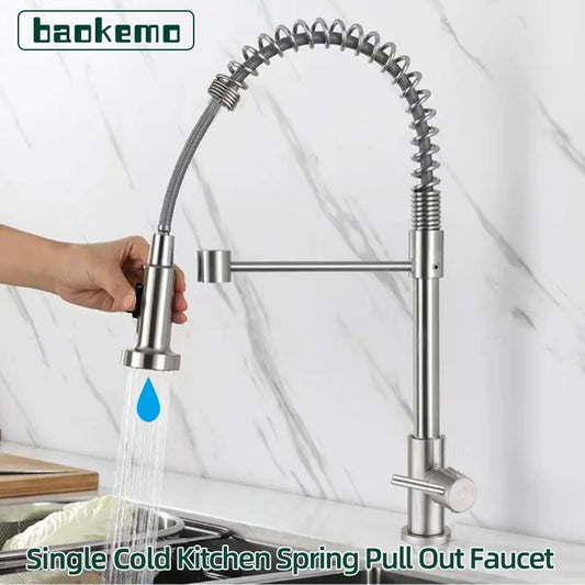 Grifo de cocina de acero inoxidable con resorte extraíble, grifo giratorio para lavabo de verduras y agua fría