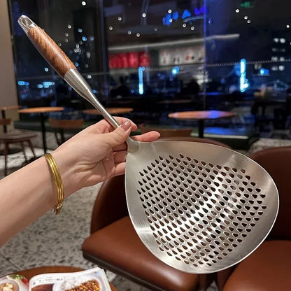 Colador de cocina de acero inoxidable 201 con mango de madera