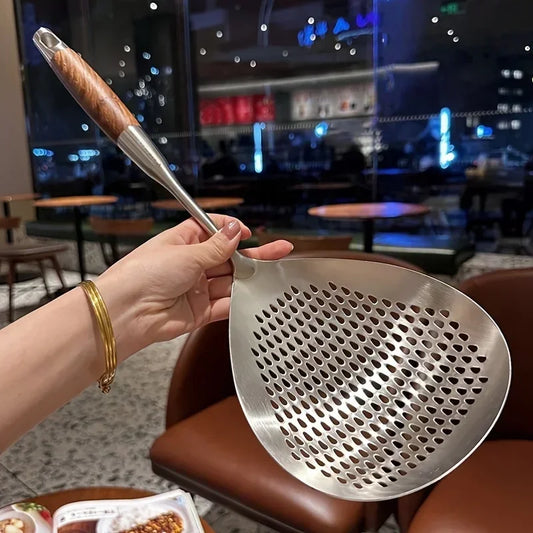 Colador de cocina de acero inoxidable 201 con mango de madera